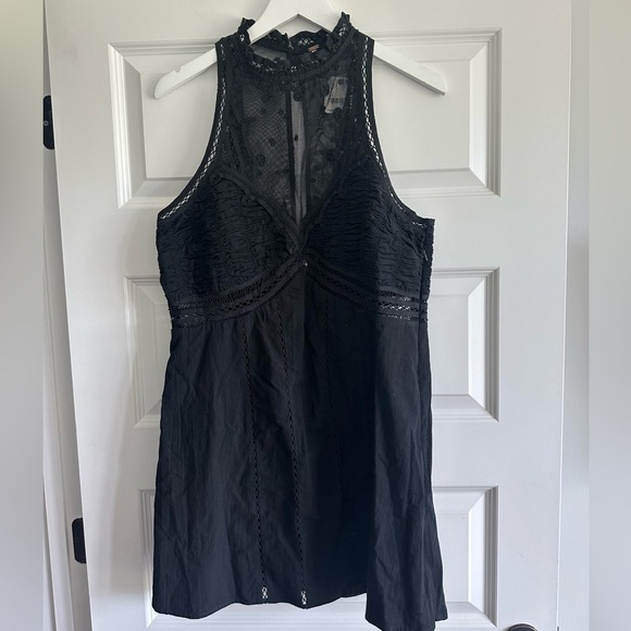 New! Free People Mock Neck Lace Mini Dress in Black - Picture 2 of 8